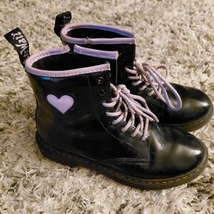 Kids Girls Doc Martens Black and Purple Heart Boots